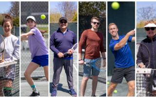 People of all ages and abilities playing tennis outside in the summer.